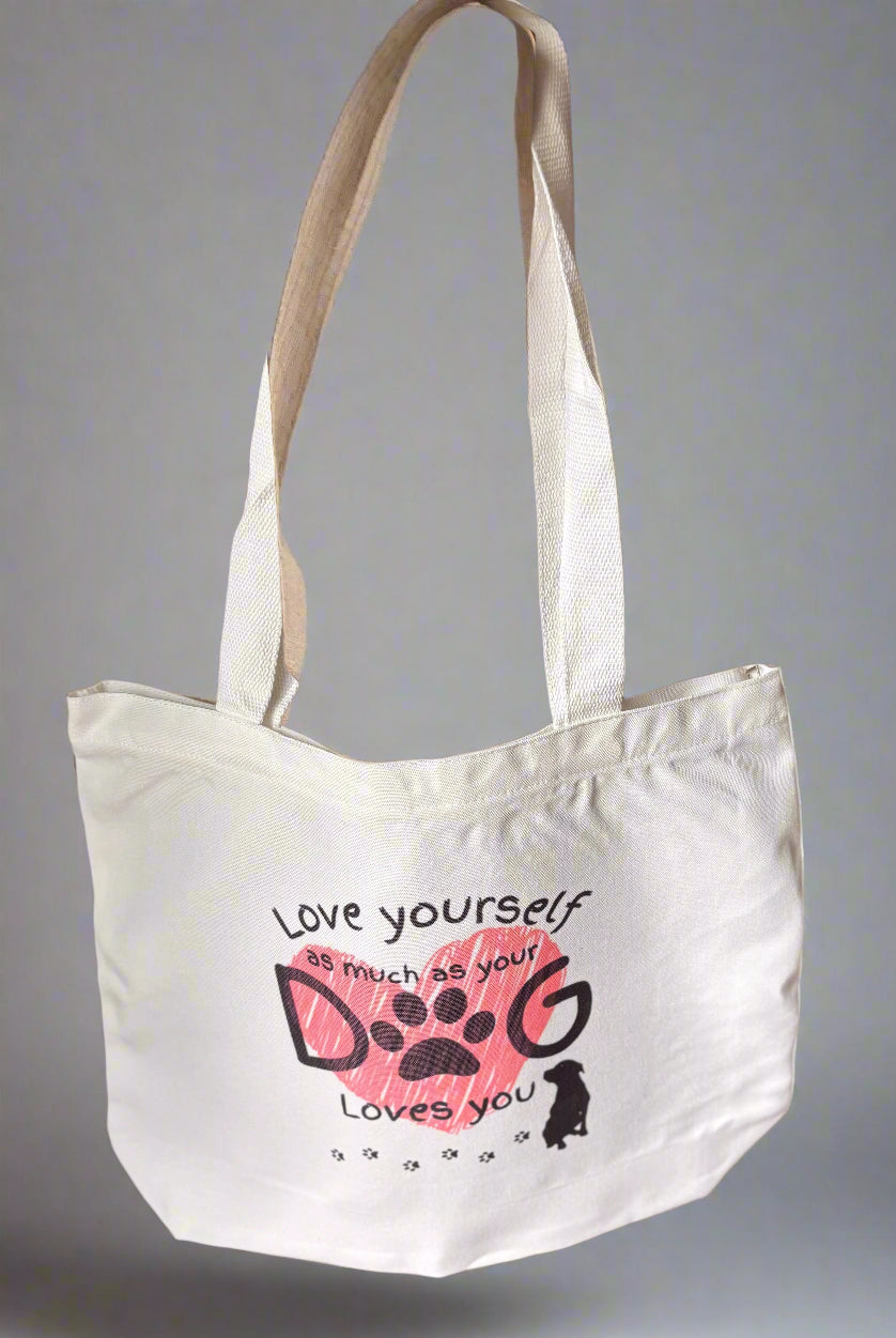 Love Yourself as Much as Your Dog Loves You Large Canvas Tote Accentuate the Positive