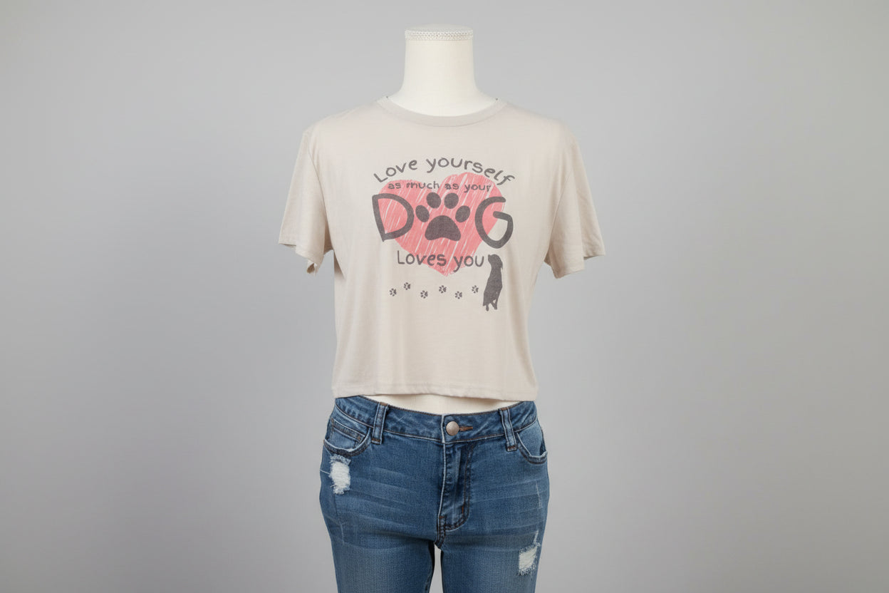 Love Yourself As Much As Your Dog Loves You Flowy Crop Top – Inspirational Dog Lover Shirt for Women