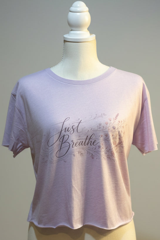 Just Breathe Floral Graphic Tee, Soft Cozy Inspirational Women’s Flowy Crop Top